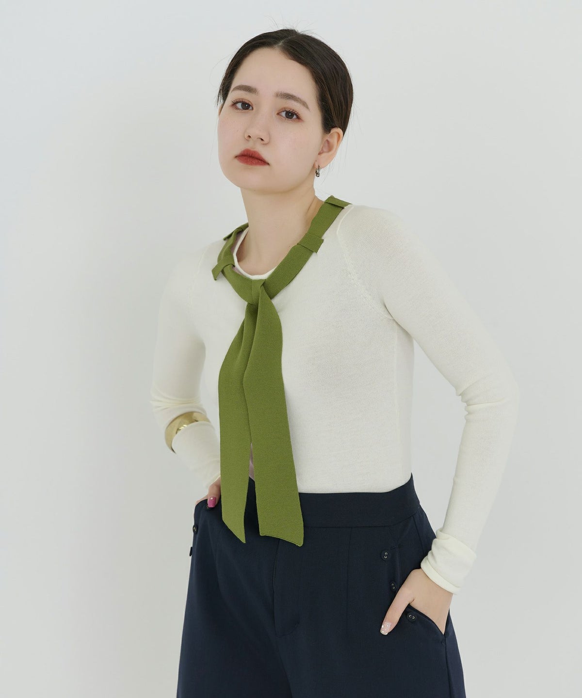 トップス/ニット/ボウタイ/バイカラー/ホワイトグリーン/モカネイビー