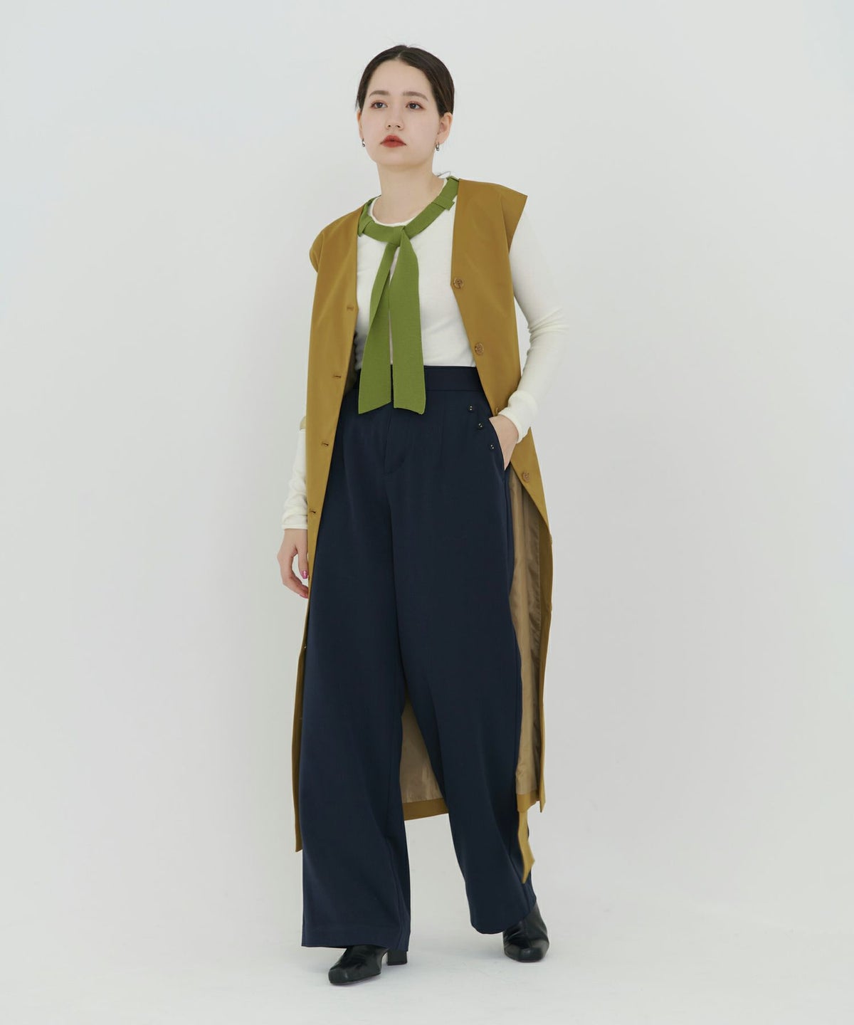 トップス/ニット/ボウタイ/バイカラー/ホワイトグリーン/モカネイビー