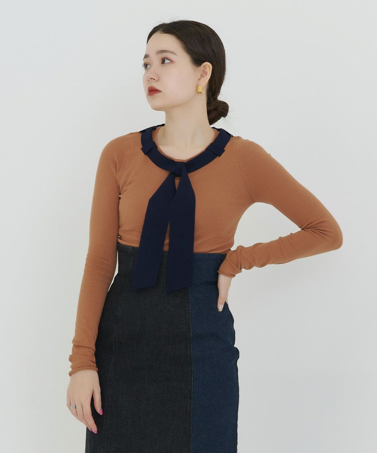 トップス/ニット/ボウタイ/バイカラー/ホワイトグリーン/モカネイビー