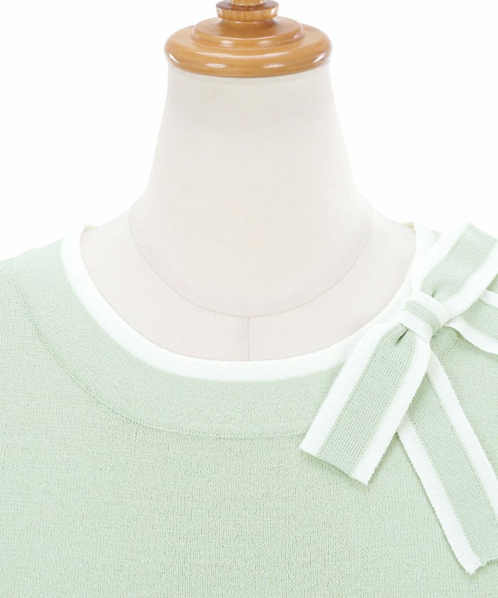 リボン/9分袖/春ニット/セットアップ対応/S/M/プリマシェレル/PrimaScherrer/レディース/トップス/ニット/ハイゲージニット/シャリ感/サマーニット/ひんやり/ゴム地ニット/上品/きれいめ/ホワイト/ミント/ベージュ