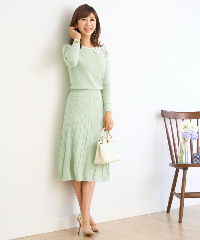 プリマシェレル/PrimaScherrer/レディース/フレア/膝下/春色/シャリ感/セットアップ対応/S/M/ホワイト/ベージュ/ミント/サマーニット/春ニット/立体感/上品/きれいめ/フレアスカート