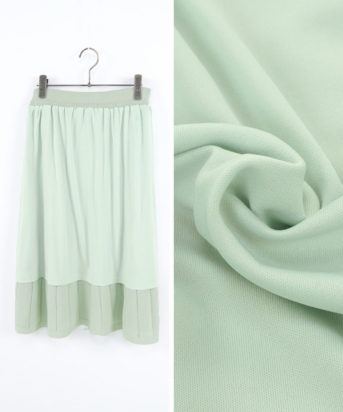 プリマシェレル/PrimaScherrer/レディース/フレア/膝下/春色/シャリ感/セットアップ対応/S/M/ホワイト/ベージュ/ミント/サマーニット/春ニット/立体感/上品/きれいめ/フレアスカート