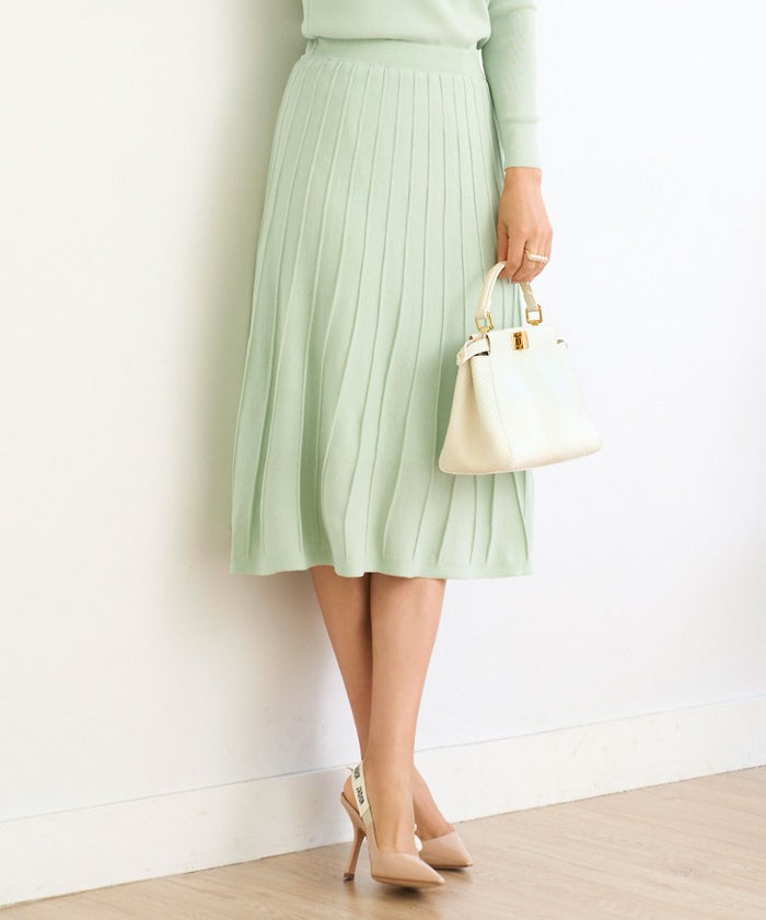 プリマシェレル/PrimaScherrer/レディース/フレア/膝下/春色/シャリ感/セットアップ対応/S/M/ホワイト/ベージュ/ミント/サマーニット/春ニット/立体感/上品/きれいめ/フレアスカート