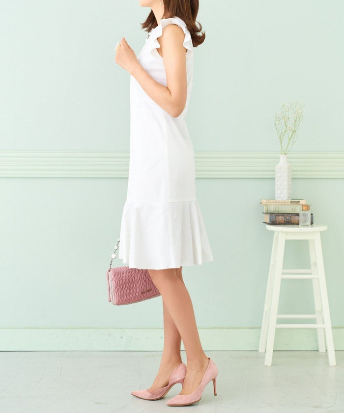 ファスナーチャーム/パール/袖フリル/マーメイドライン/S/M/プリマシェレル/PrimaScherrer/レディース/フロントオープン/ファスナー/ホワイト/ネイビー/フレンチスリーブ/ノースリーブ/マーメイド/きれいめ/エレガント/上品/綿混/コットンポリウレタン/春/夏