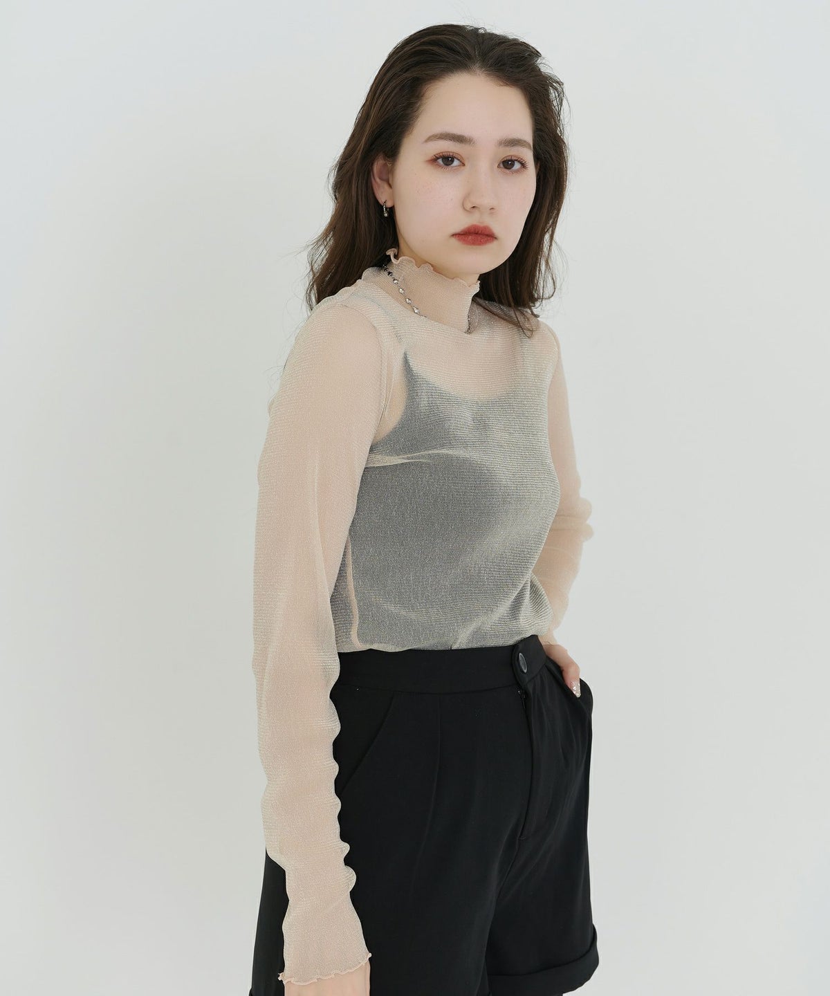 トップス/ラメトップス/シアー/ベージュ/ピンク/カーキ/ブラック