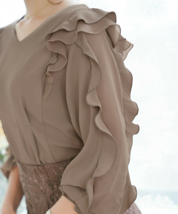 レディース/トップス/ブラウス/プルオーバー/フリル/シフォン/Vネック/チュニック/春/秋/長袖/アイボリー/エクリュ/ベージュ/モカ/