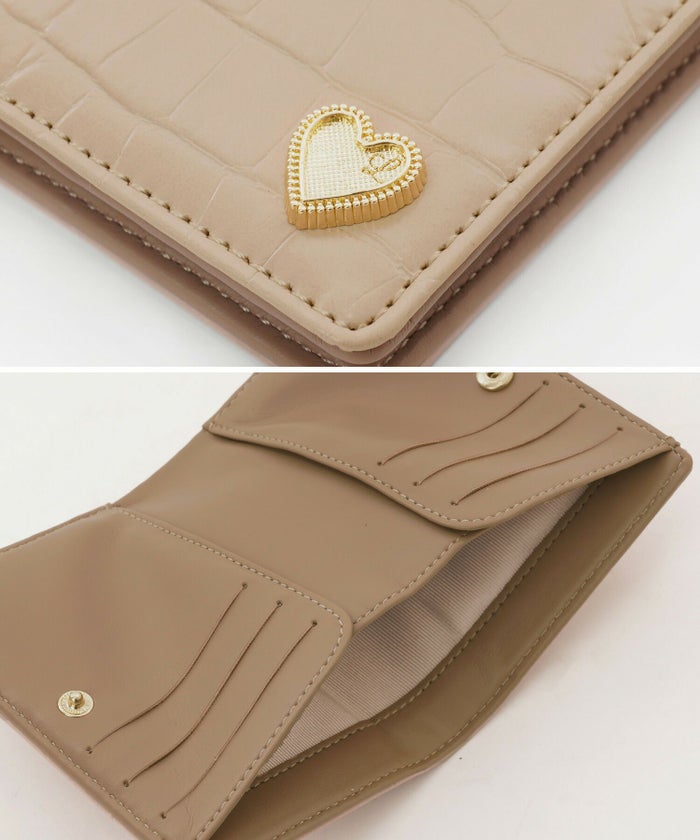 レディース/小物/グッズ/財布/ミニ財布/ウォレット/二つ折り/コンパクト/クロコ柄/チャーム/ハート/ゴールド/アイボリー/ベージュ/フェミニン/大人かわいい