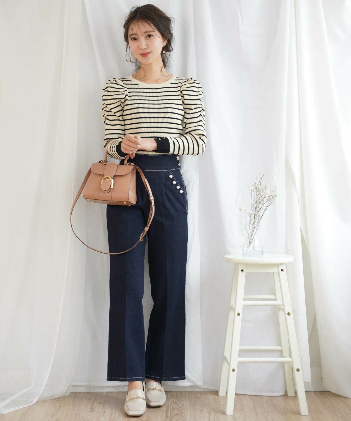 レディース/パンツ/ボトムス/デニム/パールポケット/パール/ハイウエスト/センタープレス/マリンパンツ/春/夏/秋/冬/オールシーズン/ネイビー/ブラック/上品/カジュアル/