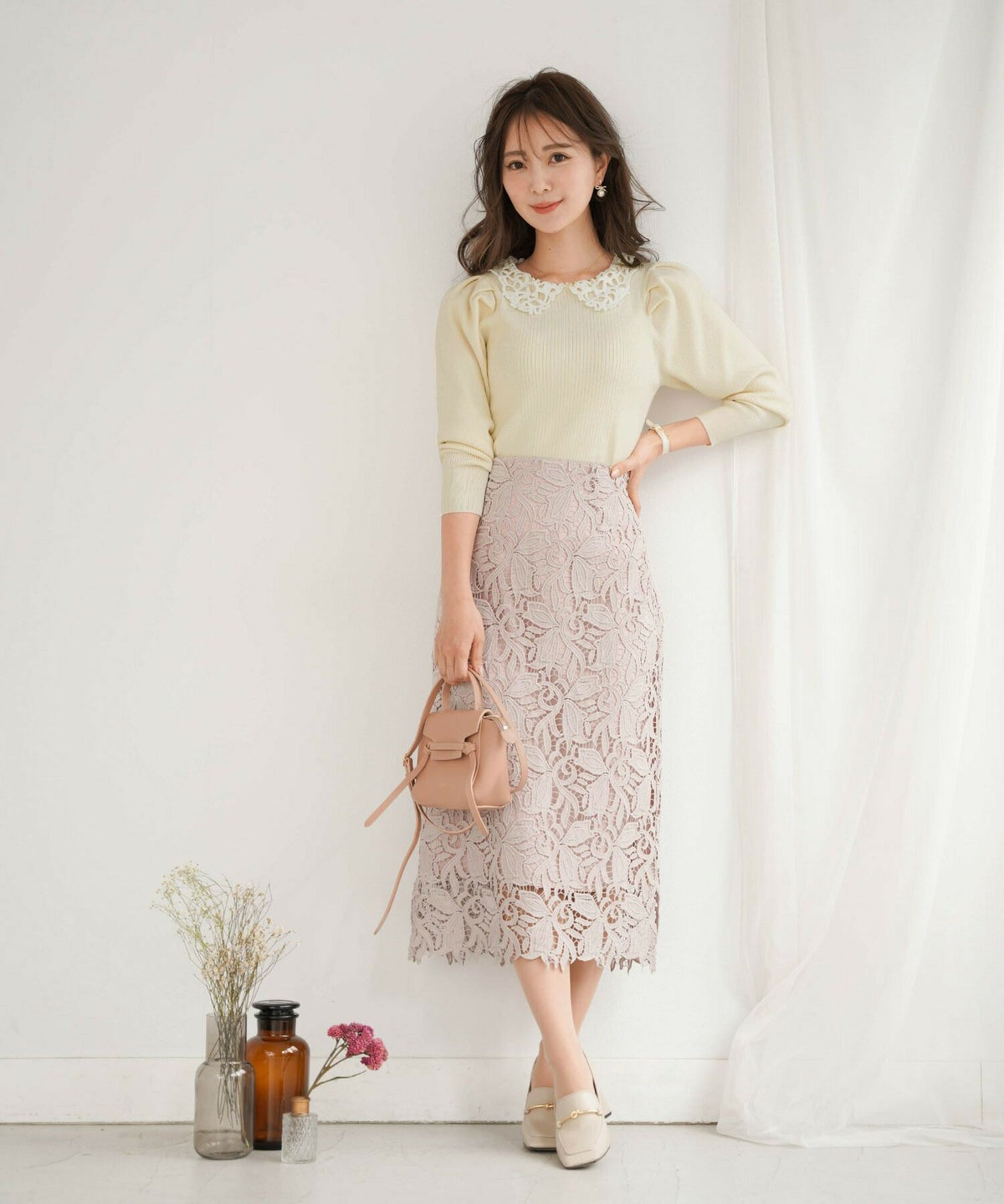 レディース/トップス/ニット/襟/レース/リブ編み/パワースリーブ/タック/長袖/春/秋/長袖/アイボリー/ネイビー/ブラック/クラシカル/通勤/大人可愛い