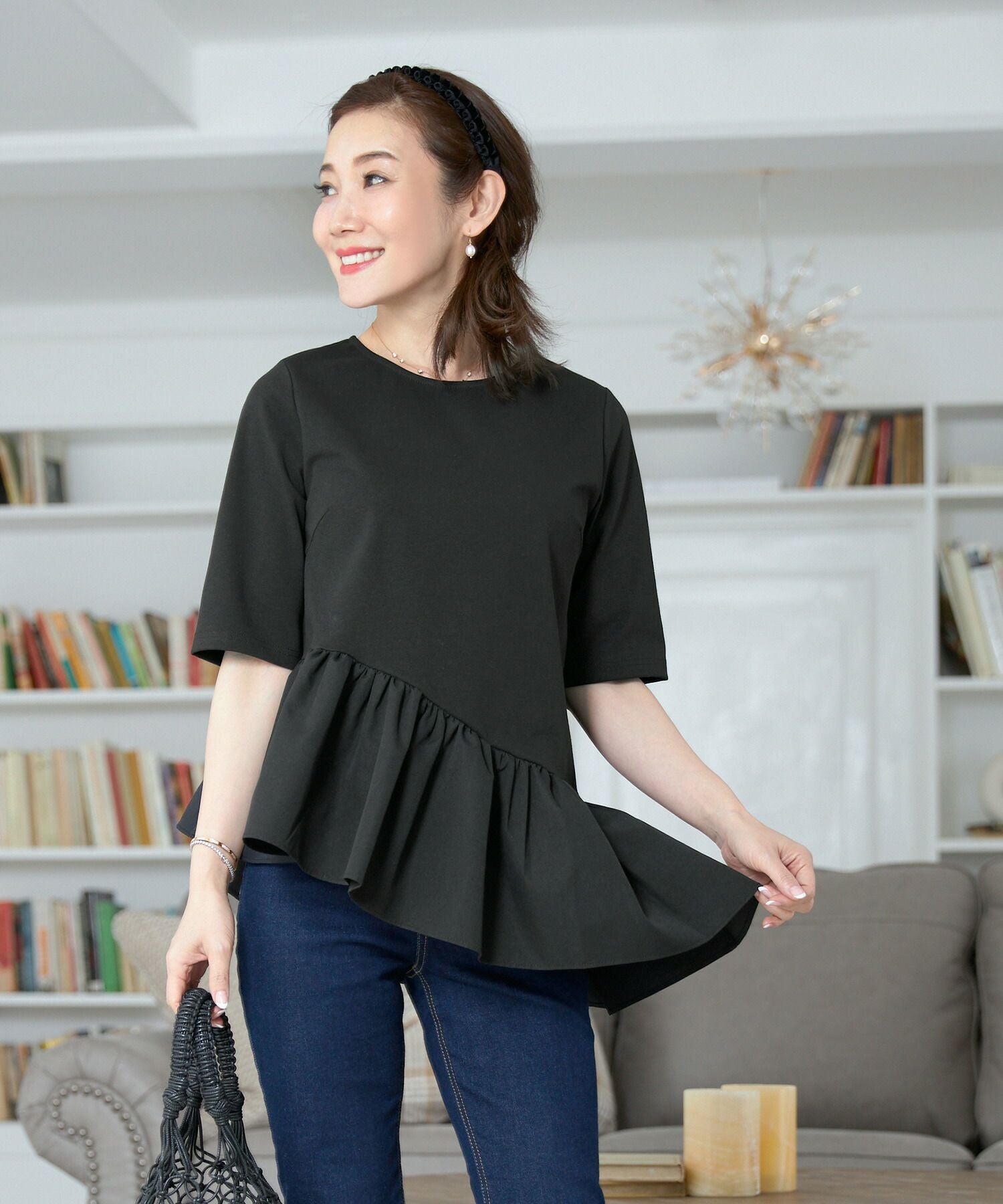 【美品】YOKO CHANペプラム 半袖カットソー 異素材 切替36 中古・古着通販】YOKO CHAN (ヨーコチャン) 切替ペプラムカットソー
