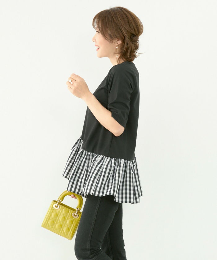 newcolor/手洗い可/トップス/カットソー/ギンガム/体型カバー/裾フレア/S/M