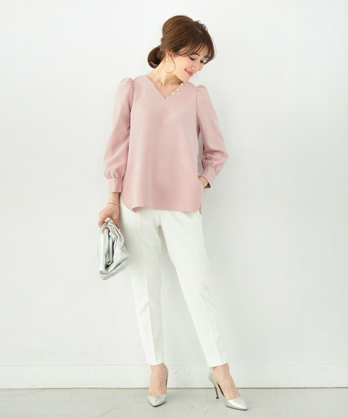 新色/newcolor/手洗い可/トップス/Vネック/9分袖/パールネック/パフ袖/上品/春/秋/S/M