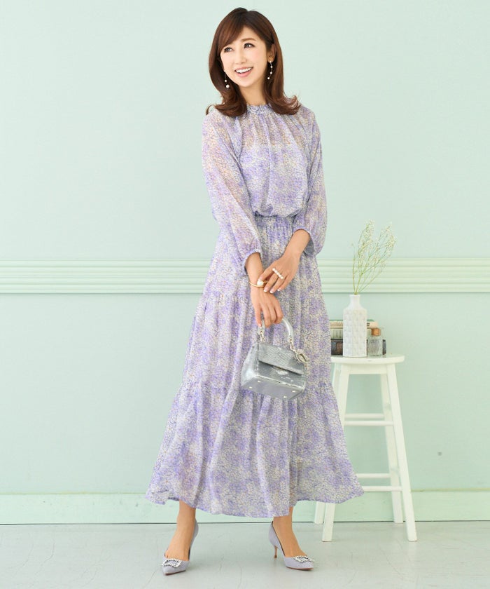 プリマシェレル/PrimaScherrer/レディース/ティアードスカート/春夏/総柄/ラベンダー/サックス/オレンジ/シアー/透け感/シアー感/ワンピースライク/セットアップ/エレガント/上品