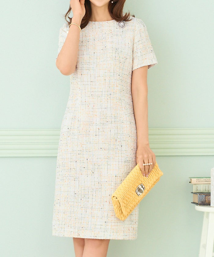 美シルエット/半袖/膝丈/華やか/上品/S/M/プリマシェレル/PrimaScherrer/レディース/アイボリー/サックス/ネイビー/美ライン/体型カバー/きれいめ/オケージョン