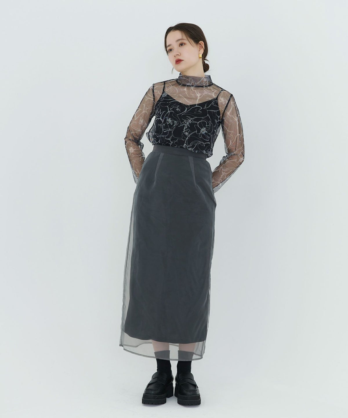 トップス/チュールトップス/シアー/ミックス/ホワイト/ブラウン/ネイビー