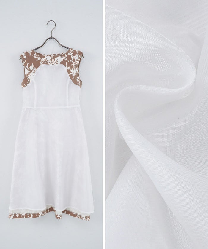 プリマシェレル/PrimaScherrer/レディース/モカ/ネイビー/春/夏/エレガント/上品/きれいめ/ノースリーブワンピース/ノースリーブ/フラワープリント/綿/グログラン/フレア/膝丈/S/M