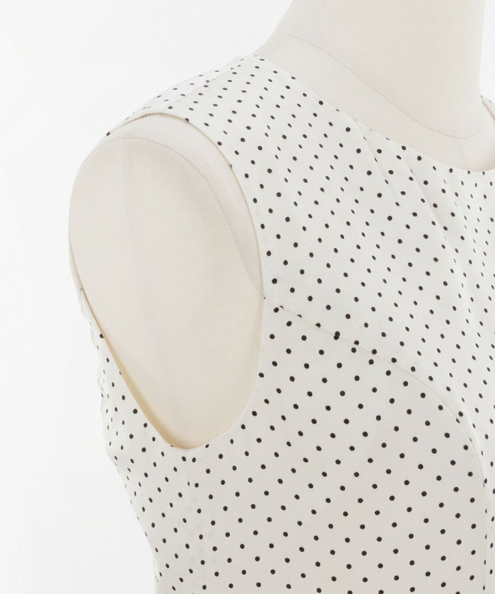 プリマシェレル/PrimaScherrer/レディース/オフホワイト/ブラック/光沢/フリル/ティアード/フレアワンピース/Aライン/上品/エレガント/フェミニン/膝丈/ノースリーブ/ピンドット/ティアードフリル/光沢感/S/M