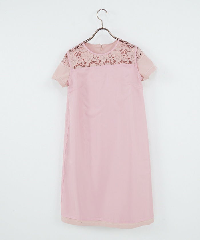 半袖/ケミカルレース/ストレート/透け感/微光沢/S/Mプリマシェレル/PrimaScherrer/レディース/エレガント/上品/きれいめ/ピンク/ベージュ/ネイビー/切り替えデザイン/膝丈