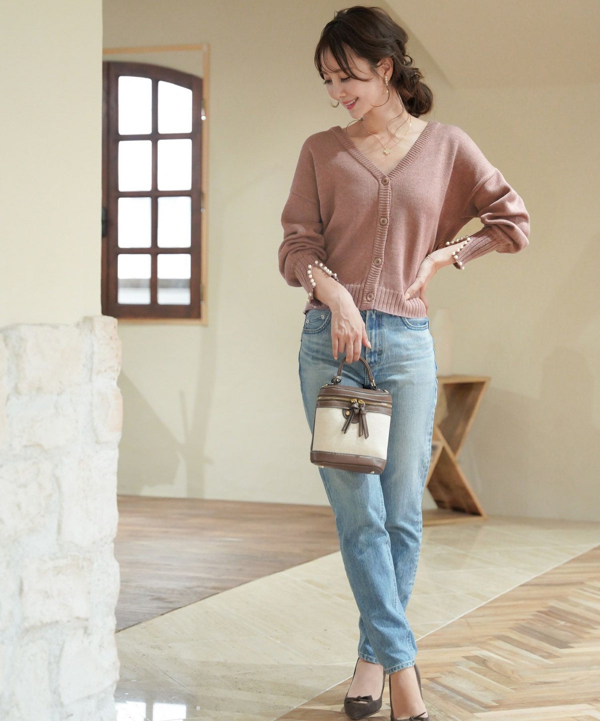 レディース/トップス/カーディガン/袖パール/ウエストリボン/バックスリット/シーシェル/モカ/グレー/ネイビー/ライトアウター/軽アウター/羽織り/大人可愛い