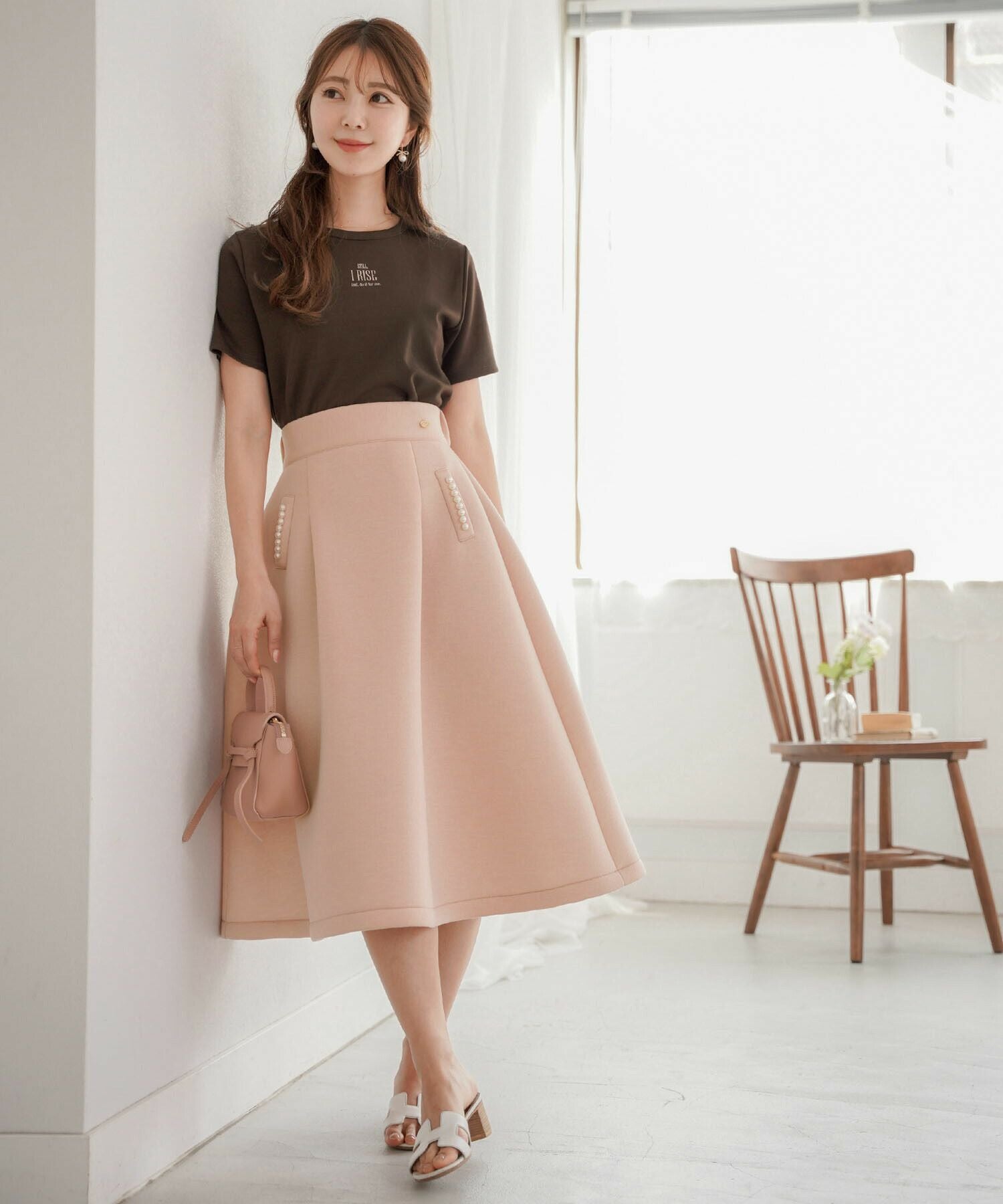 Paloma woolフレアスカート クリーム色 ポケット パール ボンディング フレア スカート le reve vaniller 全4