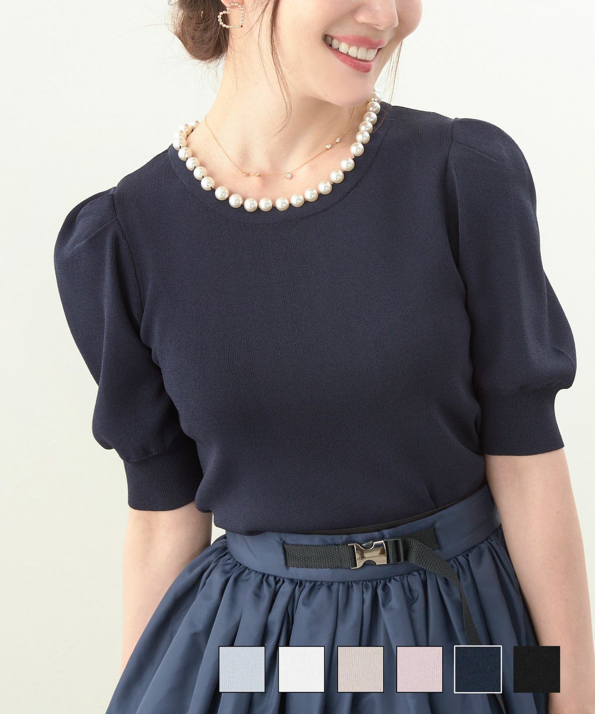 新色追加 手洗い可 セットアップ対応商品  ニット トップス レディース 薄手 おしゃれ オフィスカジュアル かわいい 白 黒 服 パールネック パフスリーブ ニット Liala×PG