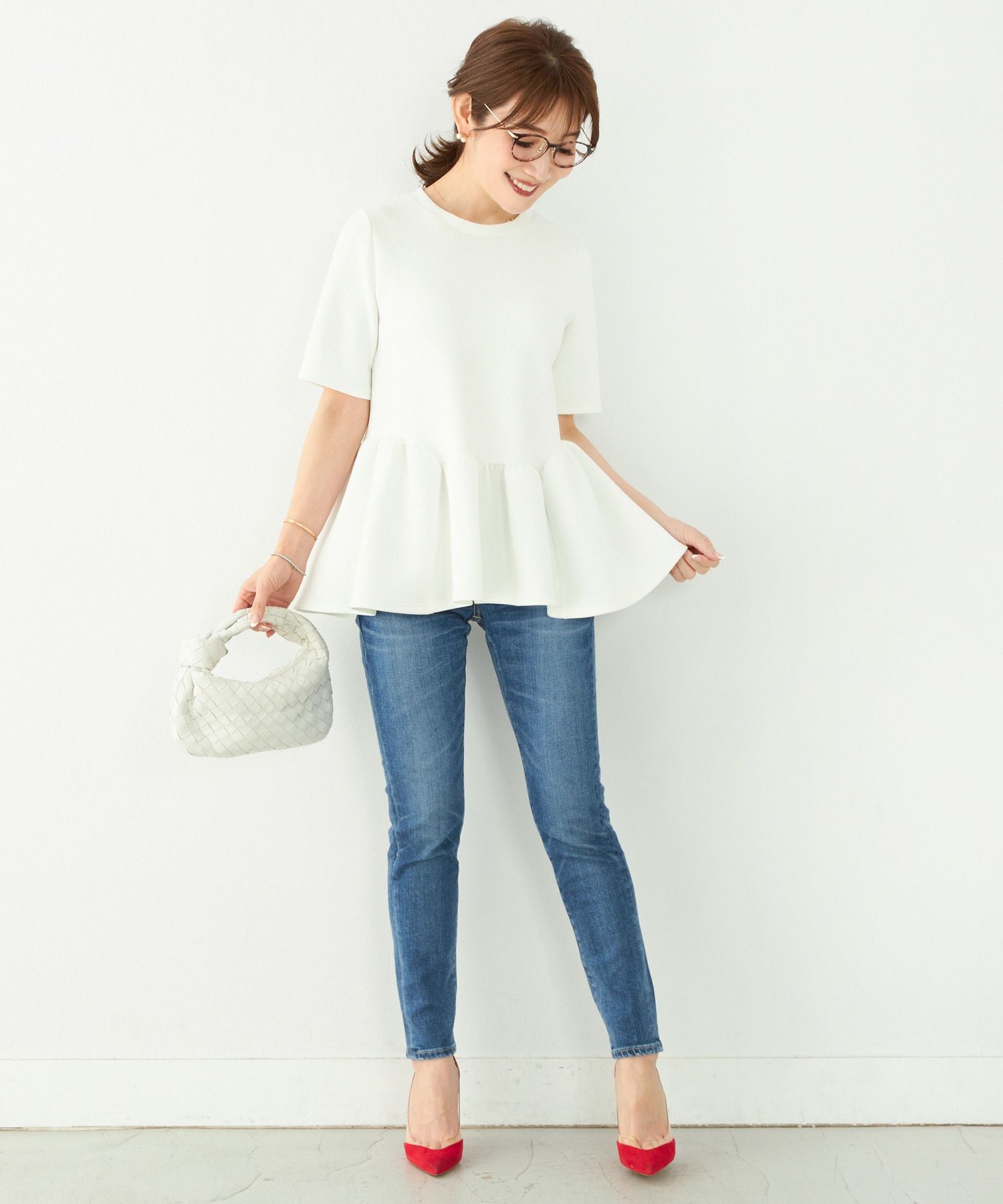 Liala×PG ペプラムダンボールニットプルオーバー　ネイビー　Sサイズ ダンボールニット 2段フリル ペプラム ノーカラージャケット Liala×PG