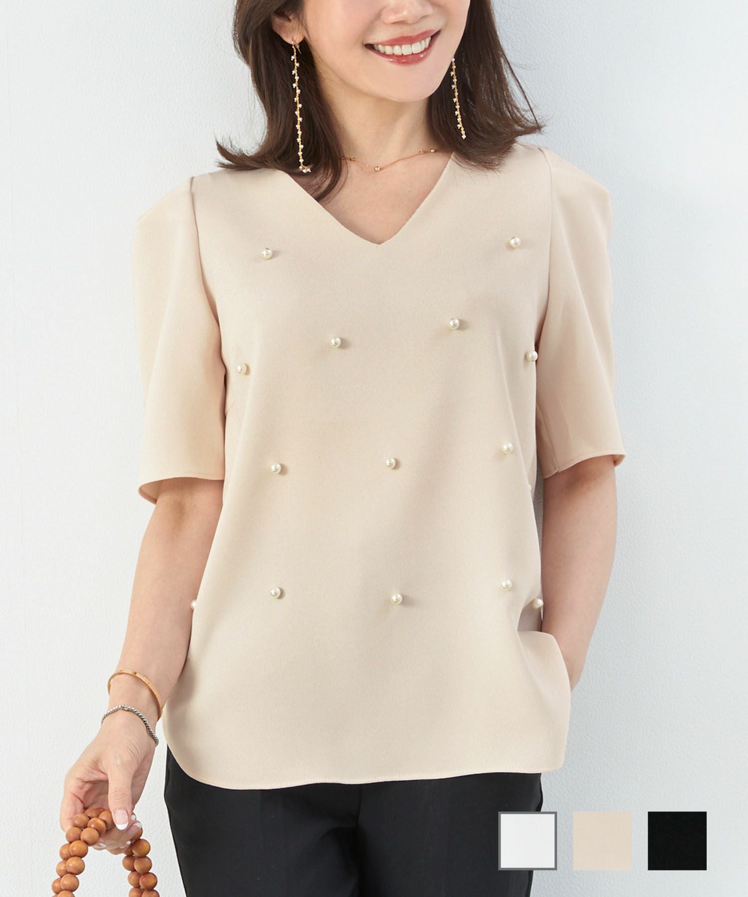 Vネック タック袖 パールブラウス Liala×PG 全3色｜lpg811-1364【3