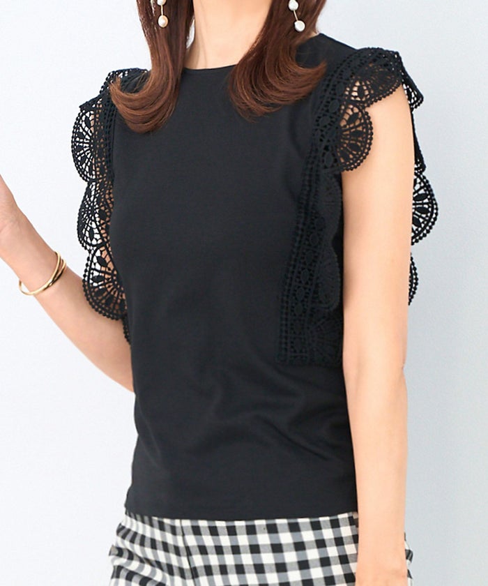 手洗い可/シルケットスムース/ケミカルレース/ノースリーブ/S/M/プリマシェレル/PrimaScherrer/レディース/トップス/ホワイト/サックス/ブラック/エレガント/上品/きれいめ/透け感/光沢感/カットソー素材/春/夏