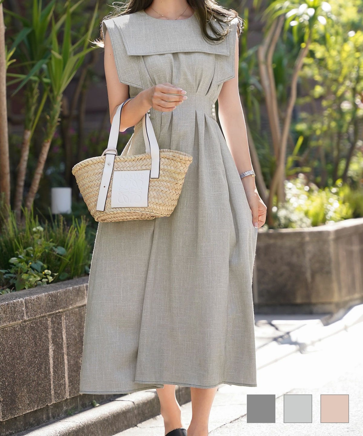 ワンピース セーラーカラー パール ステッチ 配色 タック リボン ジョイントスペース 配色ステッチ セーラーカラー ワンピース le reve vaniller