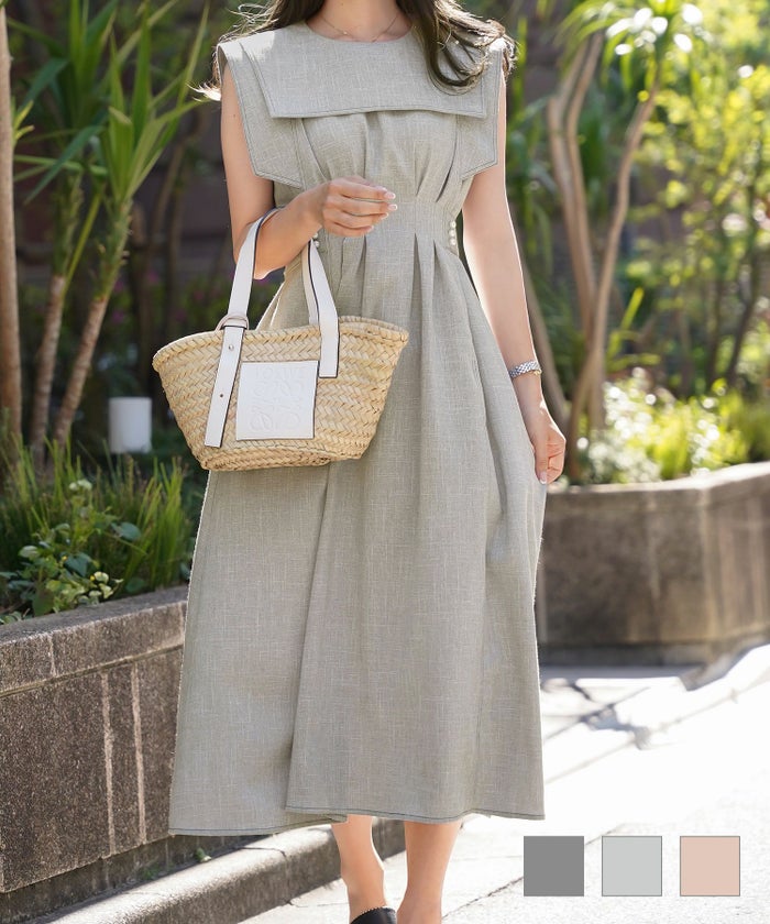 ワンピース セーラーカラー パール ステッチ 配色 タック リボン ジョイントスペース 配色ステッチ セーラーカラー ワンピース le reve vaniller