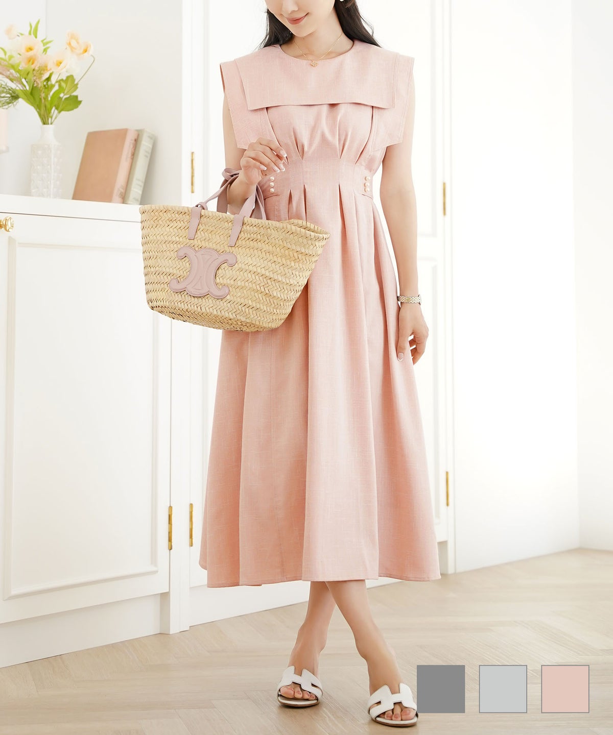 ワンピース セーラーカラー パール ステッチ 配色 タック リボン ジョイントスペース 配色ステッチ セーラーカラー ワンピース le reve vaniller