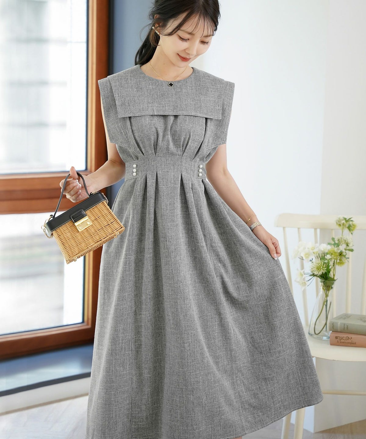 レディース/ワンピース/セーラーカラー/パール/ステッチ/配色/タック/リボン/ノースリーブ/チャコールグレー/ピンク/ベージュ/グレー/ネイビー/ツイル/マリン/フェミニン/大人可愛い