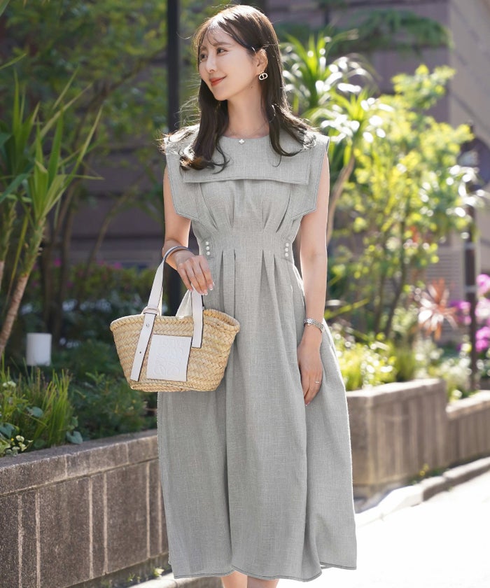 レディース/ワンピース/セーラーカラー/パール/ステッチ/配色/タック/リボン/ノースリーブ/チャコールグレー/ピンク/ベージュ/グレー/ネイビー/ツイル/マリン/フェミニン/大人可愛い