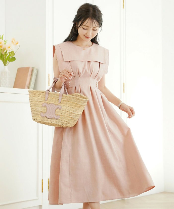 レディース/ワンピース/セーラーカラー/パール/ステッチ/配色/タック/リボン/ノースリーブ/チャコールグレー/ピンク/ベージュ/グレー/ネイビー/ツイル/マリン/フェミニン/大人可愛い