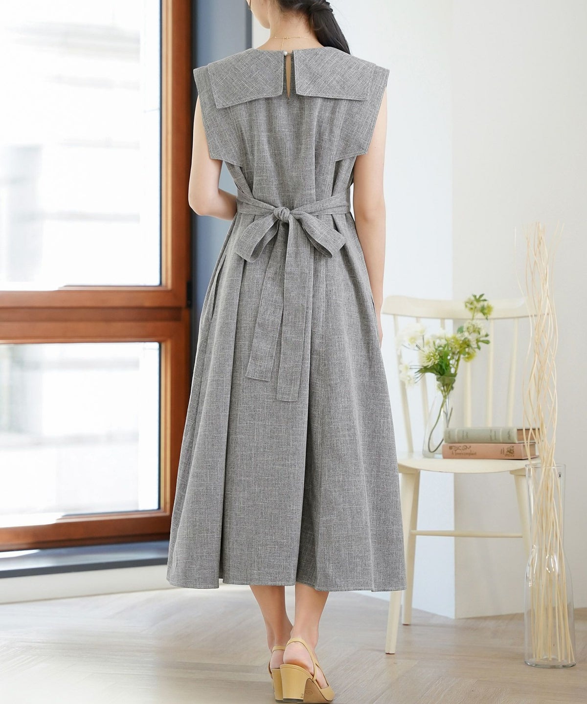 レディース/ワンピース/セーラーカラー/パール/ステッチ/配色/タック/リボン/ノースリーブ/チャコールグレー/ピンク/ベージュ/グレー/ネイビー/ツイル/マリン/フェミニン/大人可愛い