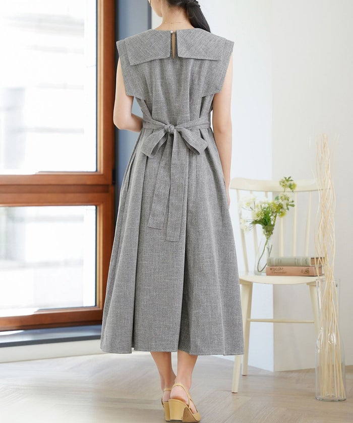 レディース/ワンピース/セーラーカラー/パール/ステッチ/配色/タック/リボン/ノースリーブ/チャコールグレー/ピンク/ベージュ/グレー/ネイビー/ツイル/マリン/フェミニン/大人可愛い