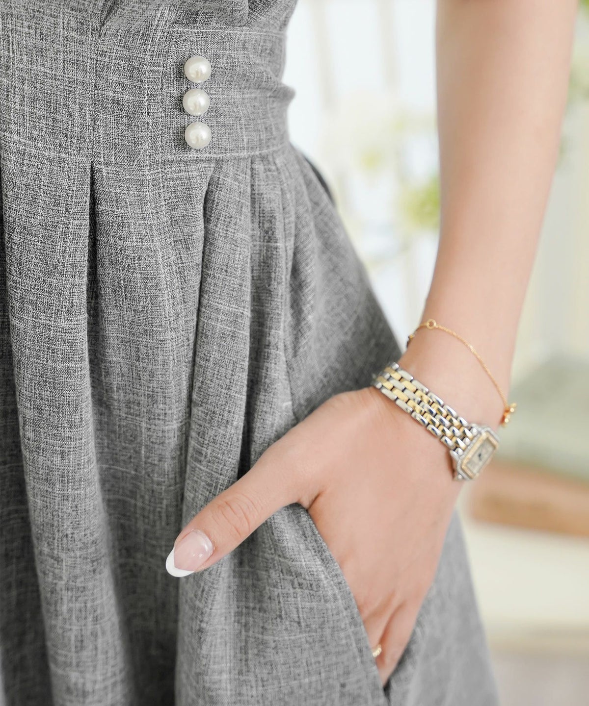 レディース/ワンピース/セーラーカラー/パール/ステッチ/配色/タック/リボン/ノースリーブ/チャコールグレー/ピンク/ベージュ/グレー/ネイビー/ツイル/マリン/フェミニン/大人可愛い