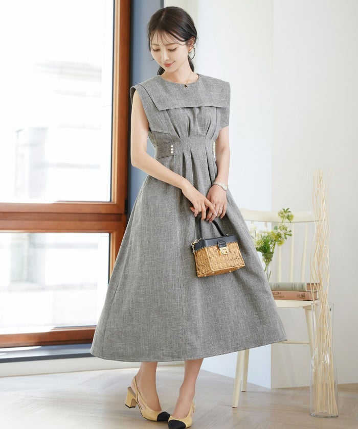 レディース/ワンピース/セーラーカラー/パール/ステッチ/配色/タック/リボン/ノースリーブ/チャコールグレー/ピンク/ベージュ/グレー/ネイビー/ツイル/マリン/フェミニン/大人可愛い