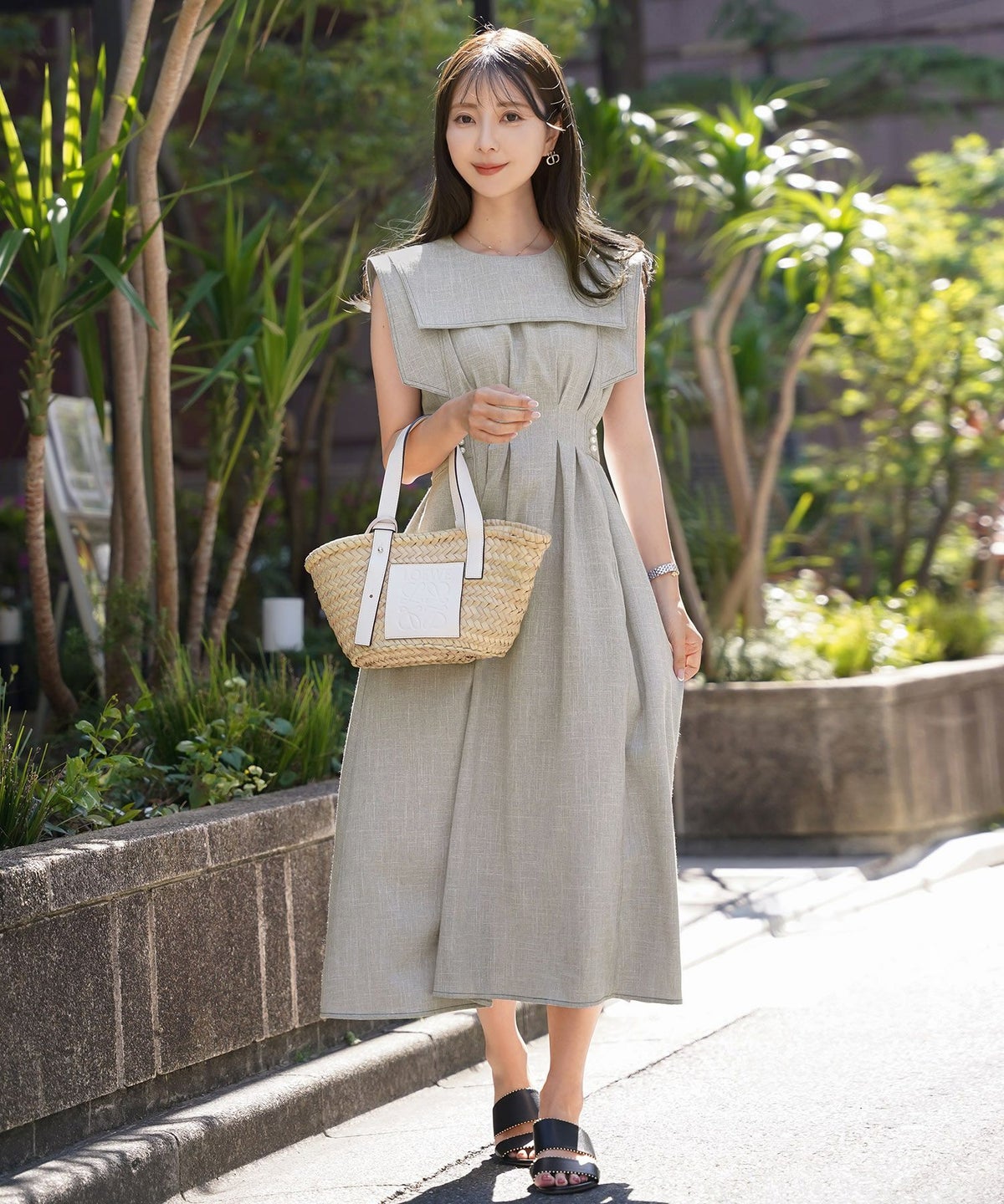 レディース/ワンピース/セーラーカラー/パール/ステッチ/配色/タック/リボン/ノースリーブ/チャコールグレー/ピンク/ベージュ/グレー/ネイビー/ツイル/マリン/フェミニン/大人可愛い