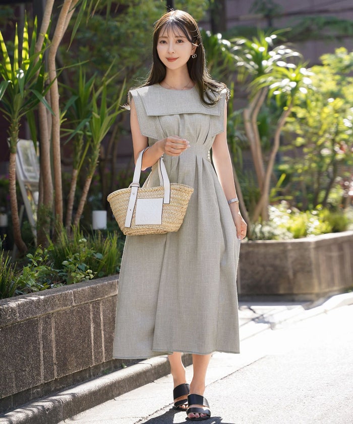 レディース/ワンピース/セーラーカラー/パール/ステッチ/配色/タック/リボン/ノースリーブ/チャコールグレー/ピンク/ベージュ/グレー/ネイビー/ツイル/マリン/フェミニン/大人可愛い