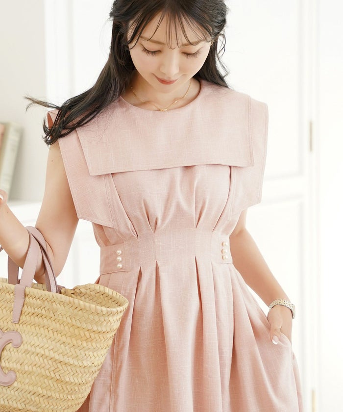 レディース/ワンピース/セーラーカラー/パール/ステッチ/配色/タック/リボン/ノースリーブ/チャコールグレー/ピンク/ベージュ/グレー/ネイビー/ツイル/マリン/フェミニン/大人可愛い