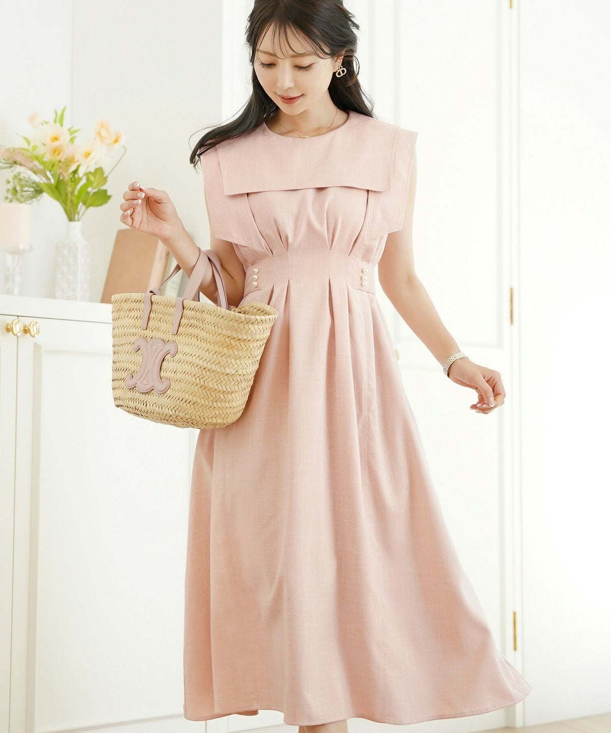 レディース/ワンピース/セーラーカラー/パール/ステッチ/配色/タック/リボン/ノースリーブ/チャコールグレー/ピンク/ベージュ/グレー/ネイビー/ツイル/マリン/フェミニン/大人可愛い