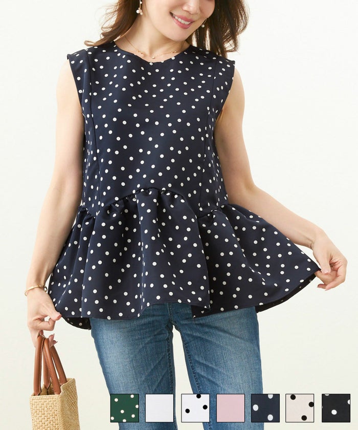 新色追加 日本製 ブラウス レディース オフィス 無地 ドット 水玉 おしゃれ 白黒 きれいめ 春夏 フレア エレガント 可愛い ジョイントスペース スカラップ切り替え ノースリーブ ブラウス Liala×PG