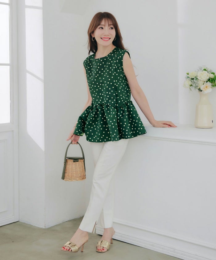 新色追加日本製ブラウスレディースオフィス無地ドット水玉おしゃれ白黒きれいめ春夏フレアエレガント可愛いジョイントスペース