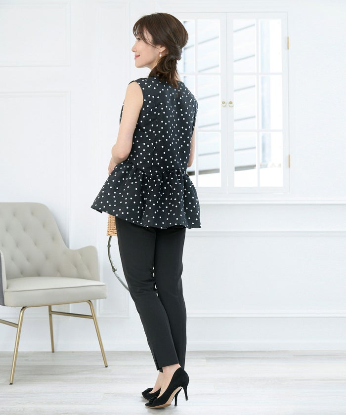 新色追加日本製ブラウスレディースオフィス無地ドット水玉おしゃれ白黒きれいめ春夏フレアエレガント可愛いジョイントスペース