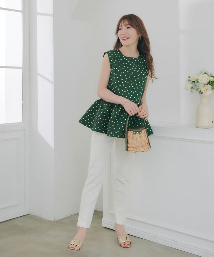 新色追加日本製ブラウスレディースオフィス無地ドット水玉おしゃれ白黒きれいめ春夏フレアエレガント可愛いジョイントスペース