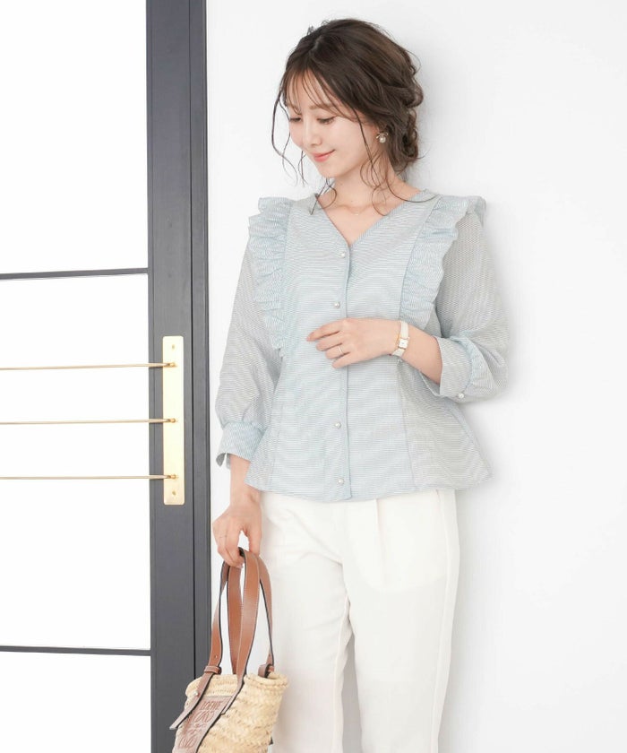 レディース/トップス/ブラウス/シアー/ストライプ/ボタンダウン/フリル/パール/Vネック/リボン/春/夏/秋/長袖/オフホワイト/ピンク/ブルー/