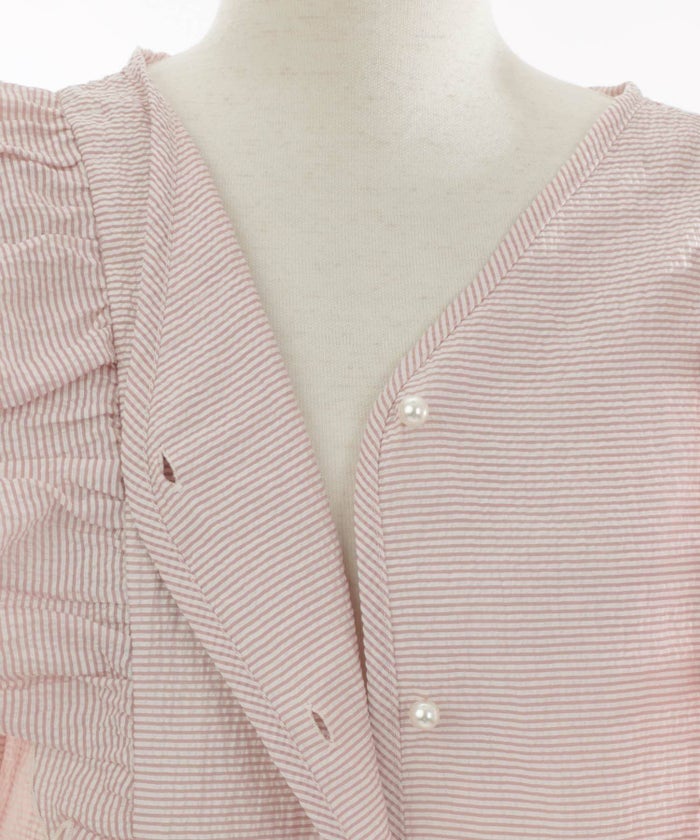 レディース/トップス/ブラウス/シアー/ストライプ/ボタンダウン/フリル/パール/Vネック/リボン/春/夏/秋/長袖/オフホワイト/ピンク/ブルー/