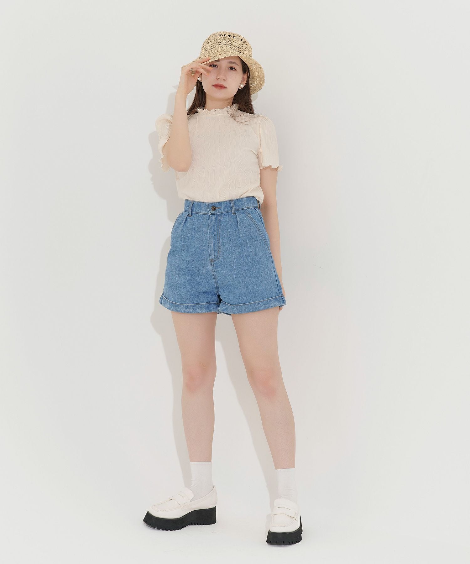 裾折り返し デニムショートパンツ TINA：JOJUN 全2色｜tnj711-0354【2