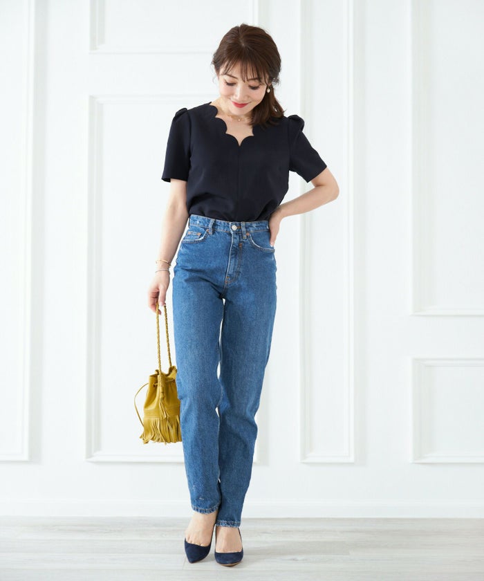 手洗い可/トップス/スカラップカット/タック/半袖/上品/とろみ素材/前後差/体型カバー